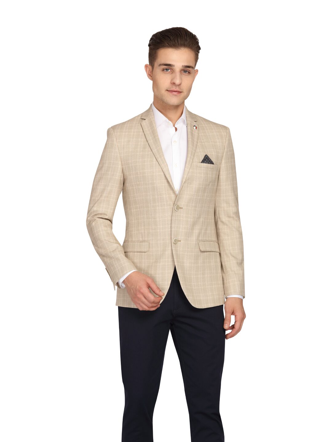 

Theme Men Beige Checked Slim fit Single Breasted Blazer