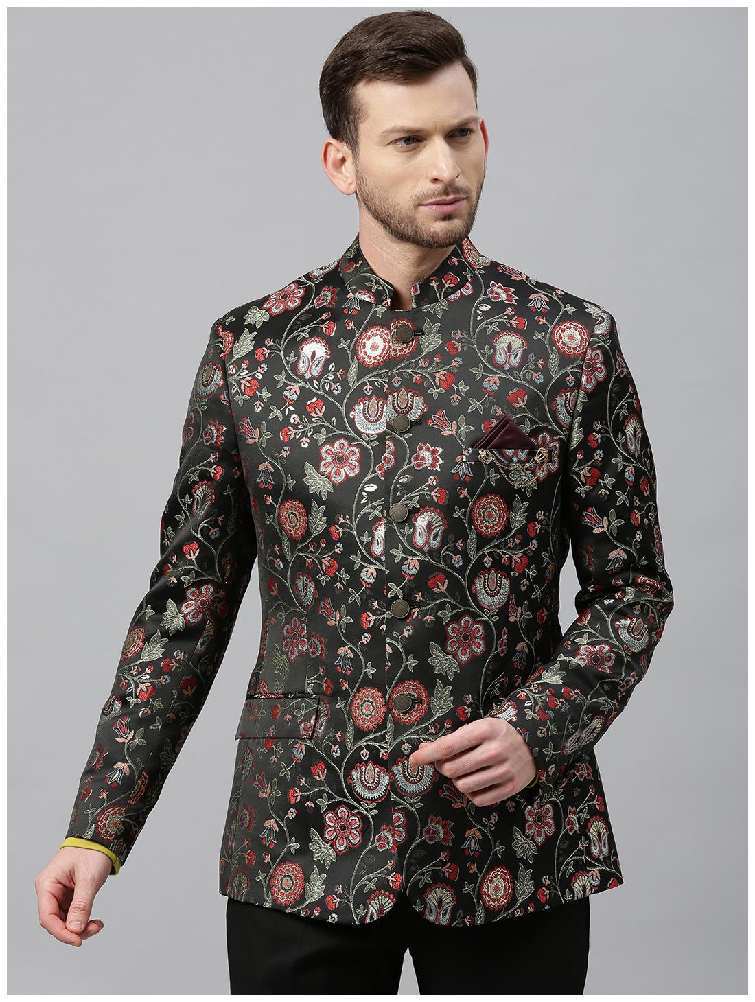 

Theme Men Black Embroidered Slim fit Bandhgala Blazer