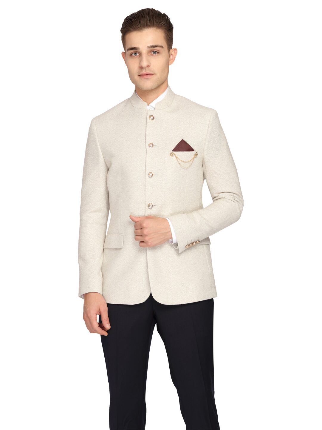 

Theme Men Beige Solid Slim fit Bandhgala Blazer