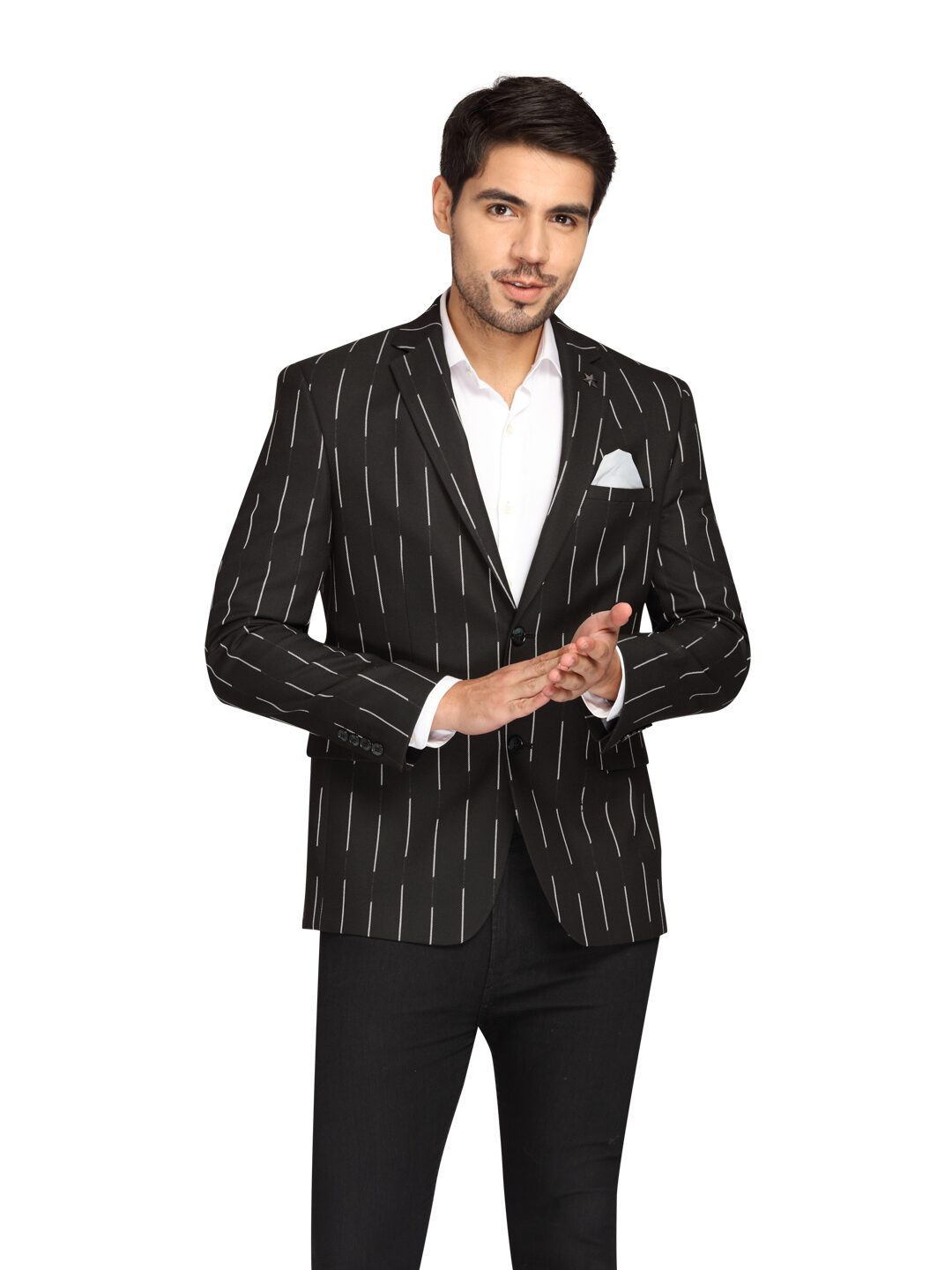 

Theme Men Black Striped Regular fit Single Breasted Blazer
