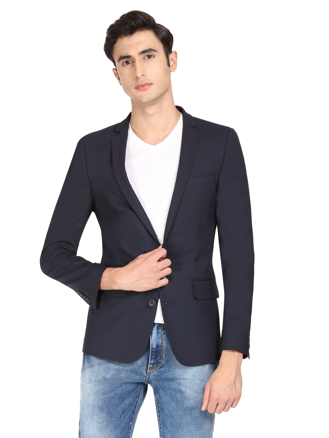 

Theme Men Navy blue Solid Slim fit Single Breasted Blazer
