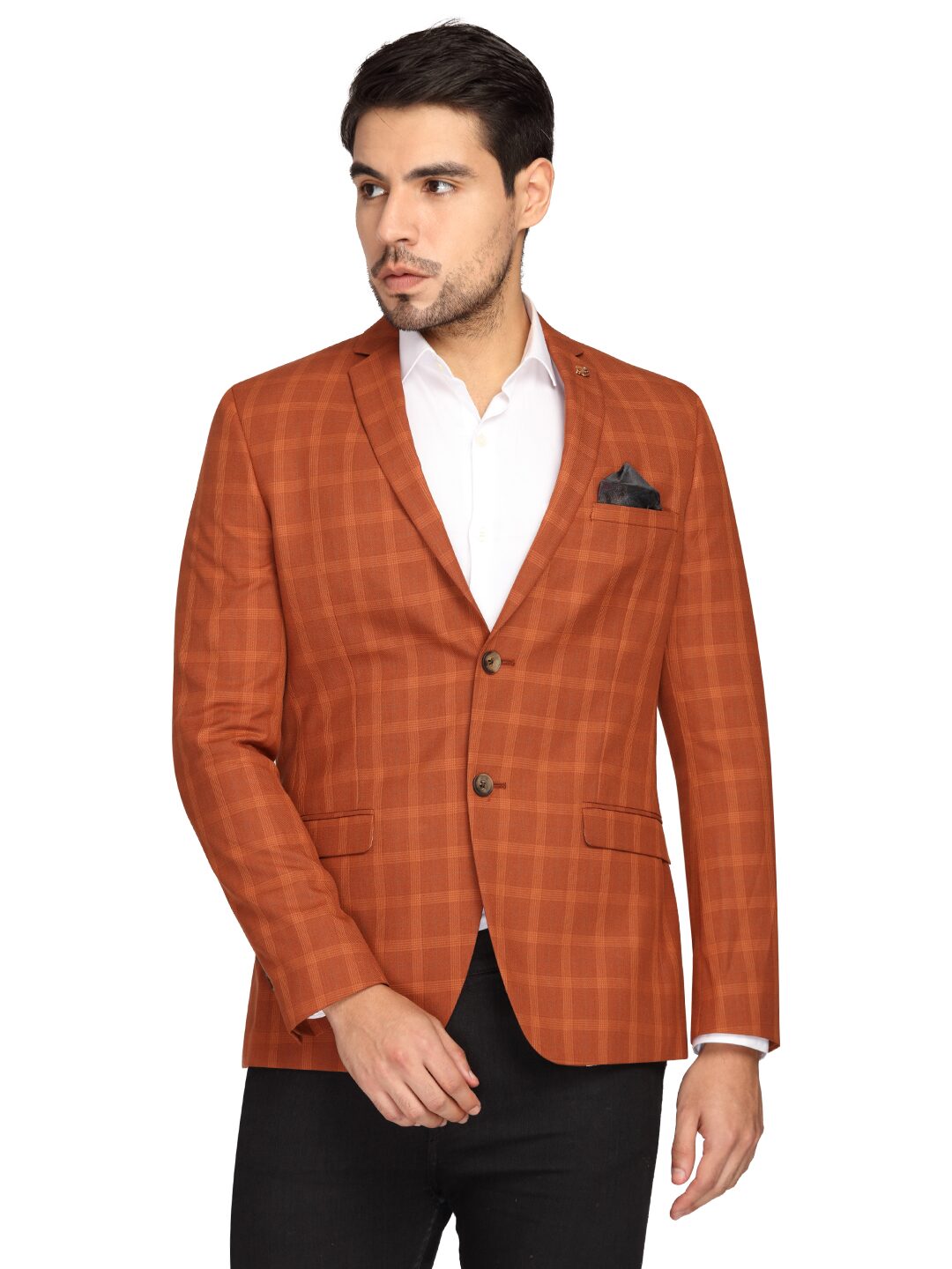 

Theme Men Orange Checked Slim fit Single Breasted Blazer