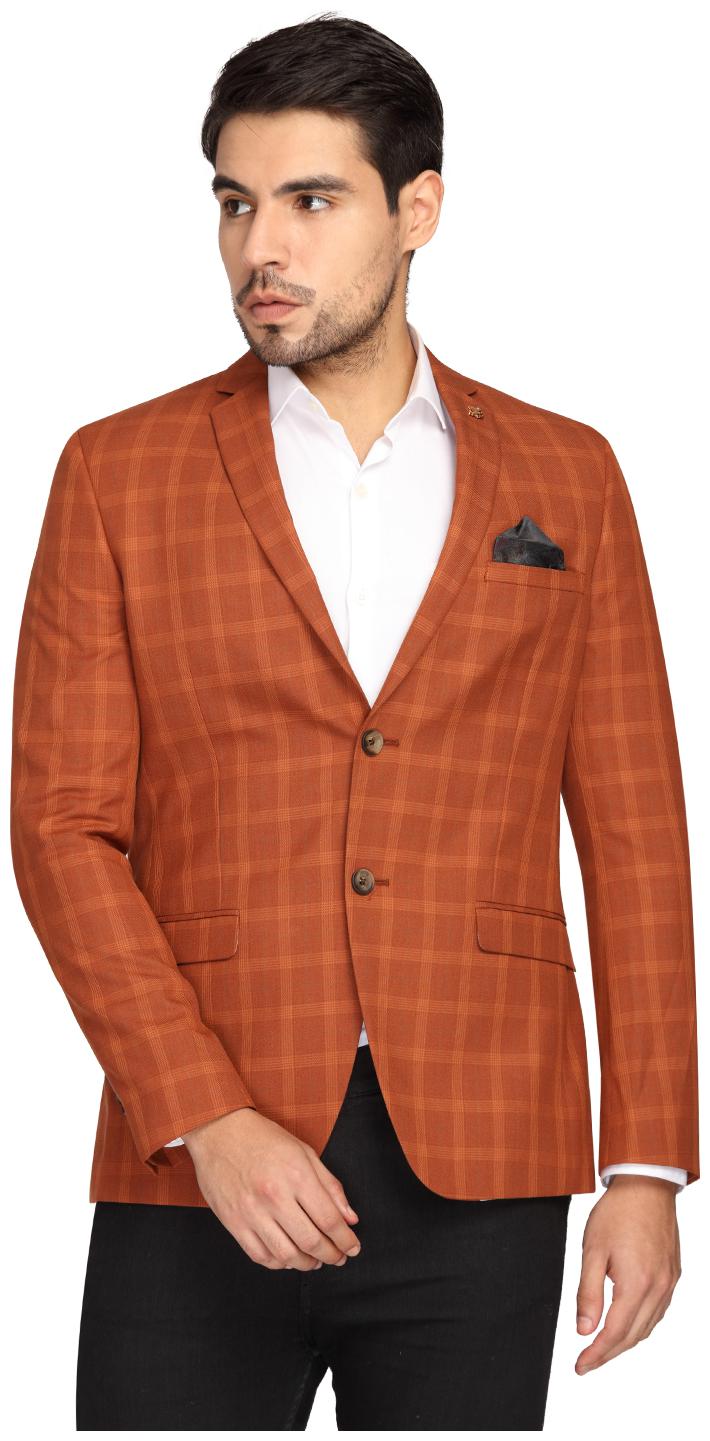 

Theme Men Orange Checked Slim fit Single Breasted Blazer