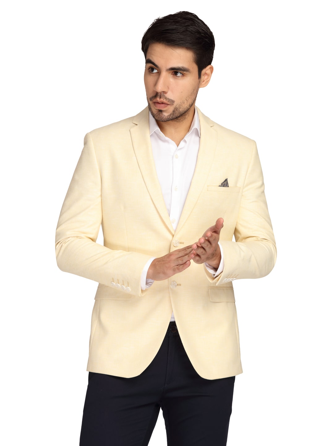 

Theme Men Cream Striped Slim fit Single Breasted Blazer