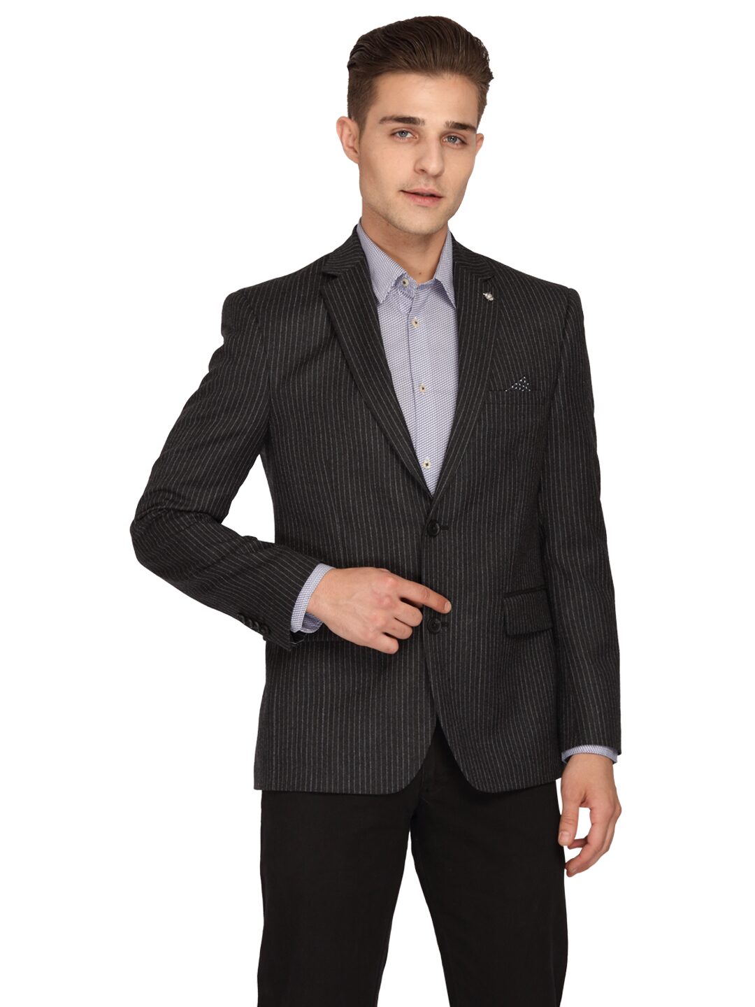

Theme Men Black Striped Regular fit Single Breasted Blazer
