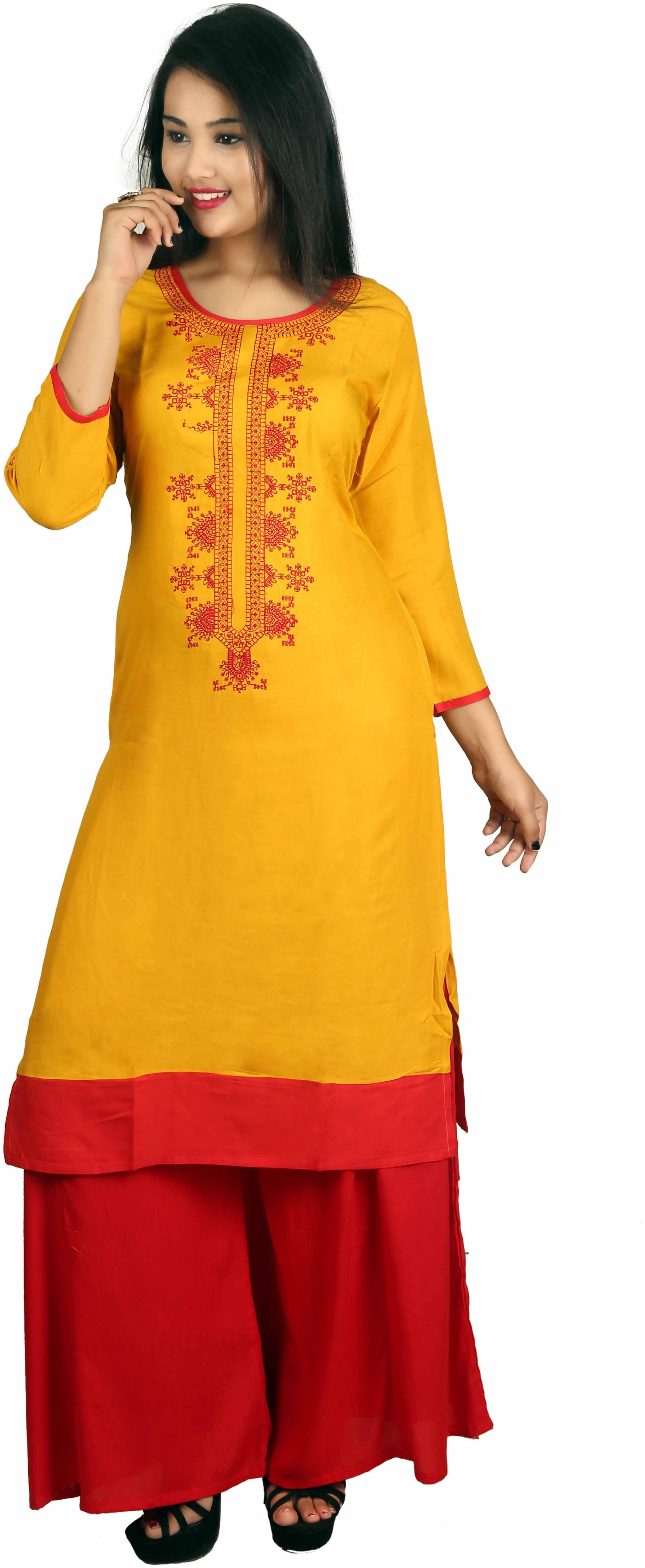 

V Brown Women Yellow Embroidered Straight Kurta