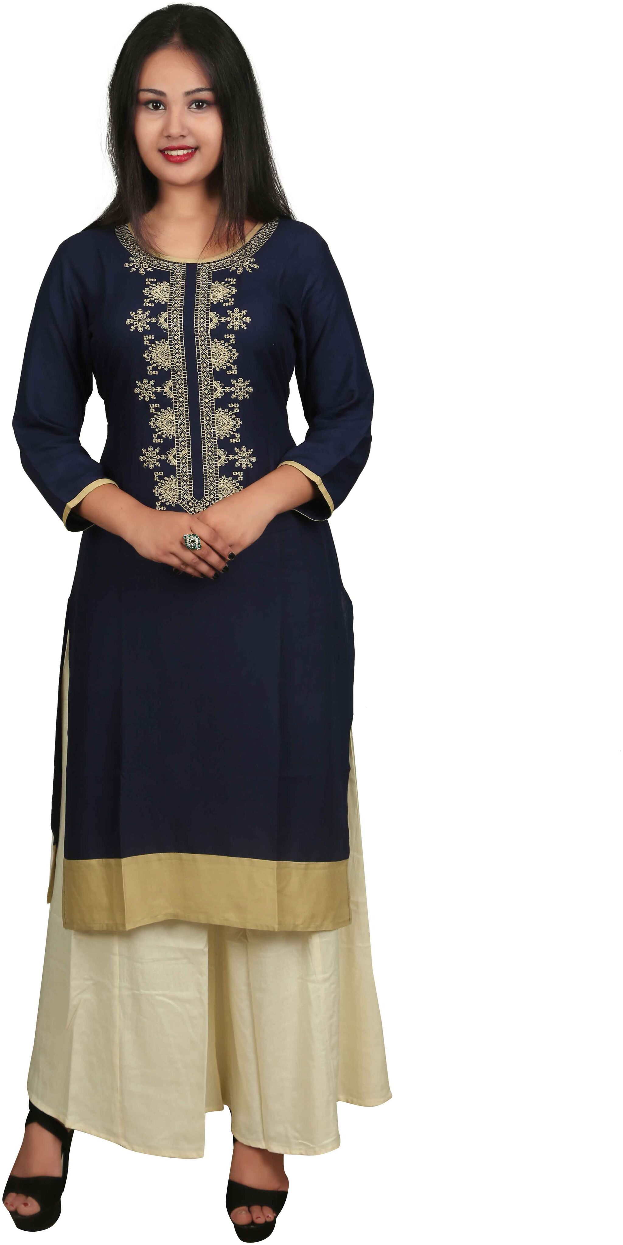 

V Brown Women Blue Embroidered Straight Kurta