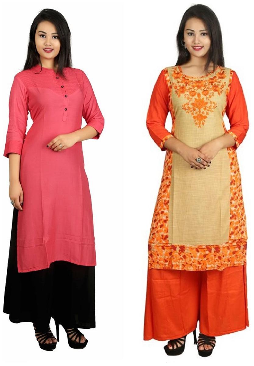 

This V Brown Women s Cotton Straight Designer 3 4 Sleeve Women s Kurti Combo Pack of 2