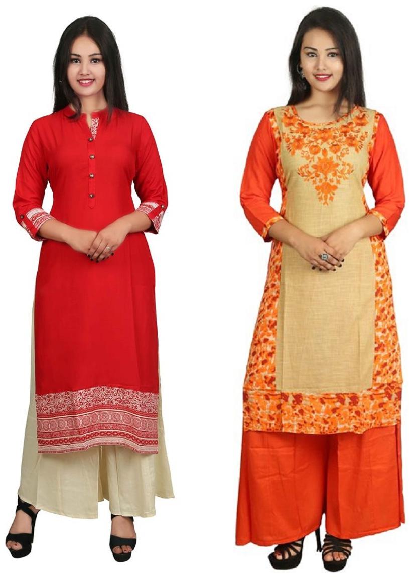 

This V Brown Women s Cotton Straight Designer 3 4 Sleeve Women s Kurti Combo Pack of 2