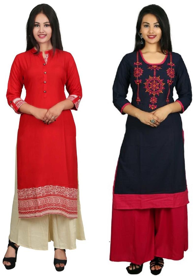 

This V Brown Women s Cotton Straight Designer 3 4 Sleeve Women s Kurti Combo Pack of 2