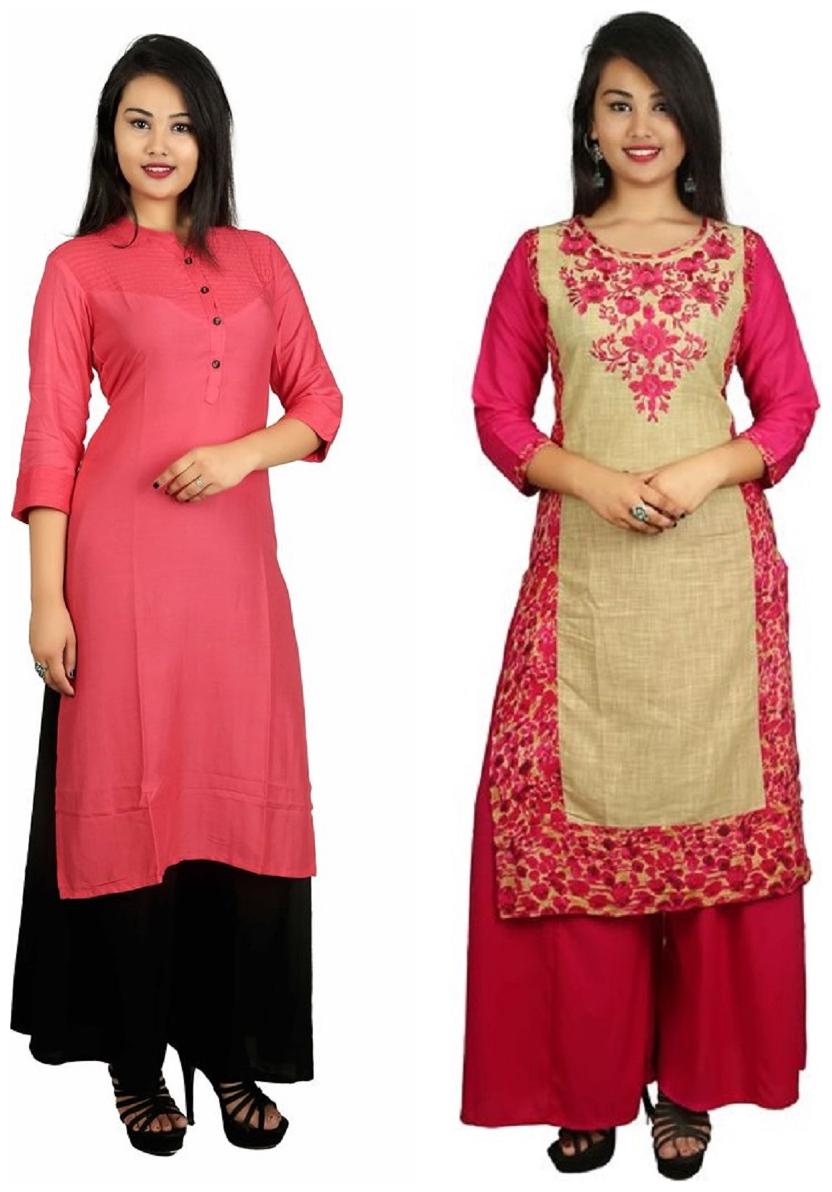 

This V Brown Women s Cotton Straight Designer 3 4 Sleeve Women s Kurti Combo Pack of 2