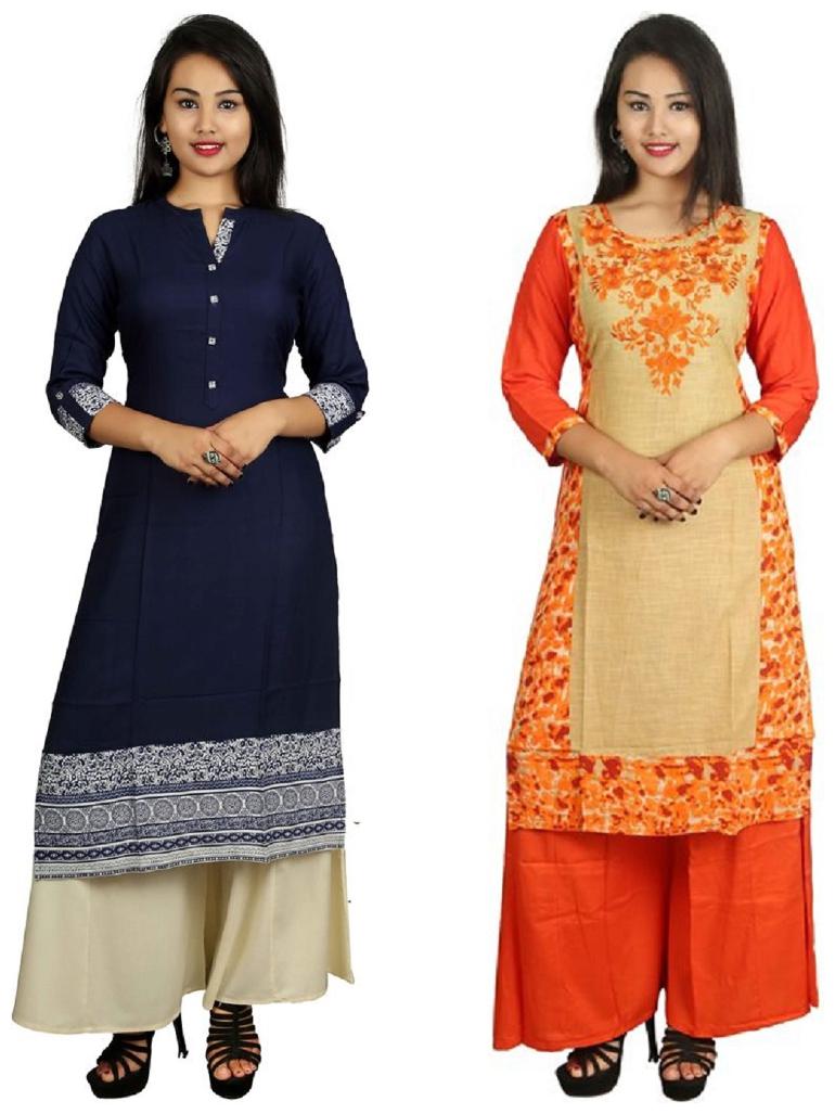 

This V Brown Women s Cotton Straight Designer 3 4 Sleeve Women s Kurti Combo Pack of 2