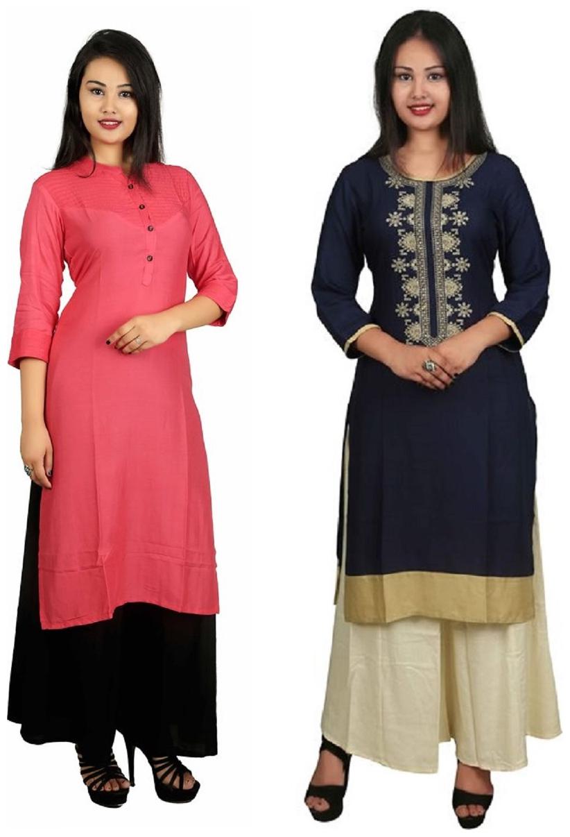 

This V Brown Women s Cotton Straight Designer 3 4 Sleeve Women s Kurti Combo Pack of 2