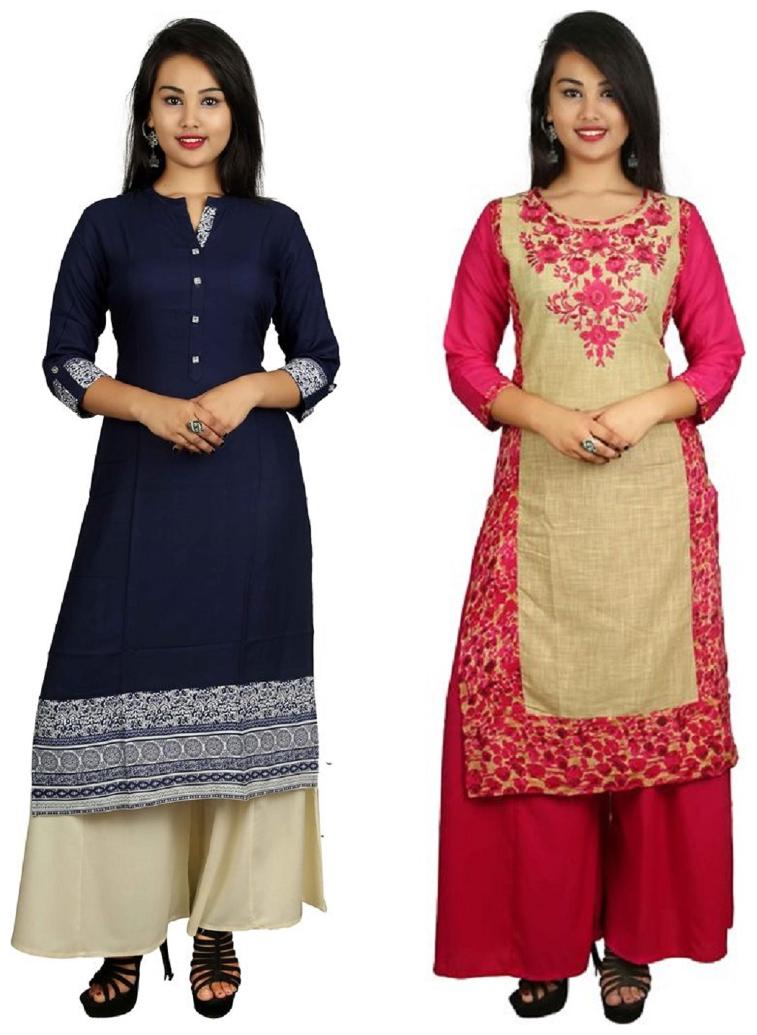 

This V Brown Women s Cotton Straight Designer 3 4 Sleeve Women s Kurti Combo Pack of 2