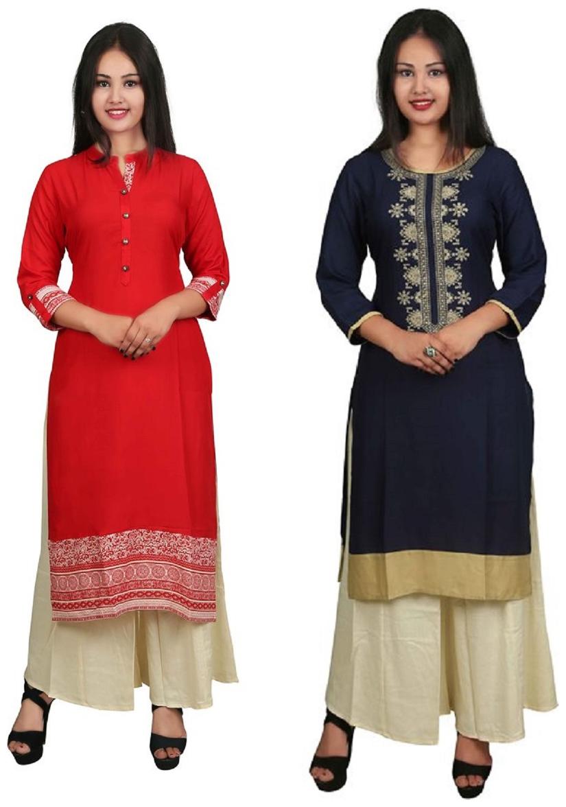 

This V Brown Women s Cotton Straight Designer 3 4 Sleeve Women s Kurti Combo Pack of 2