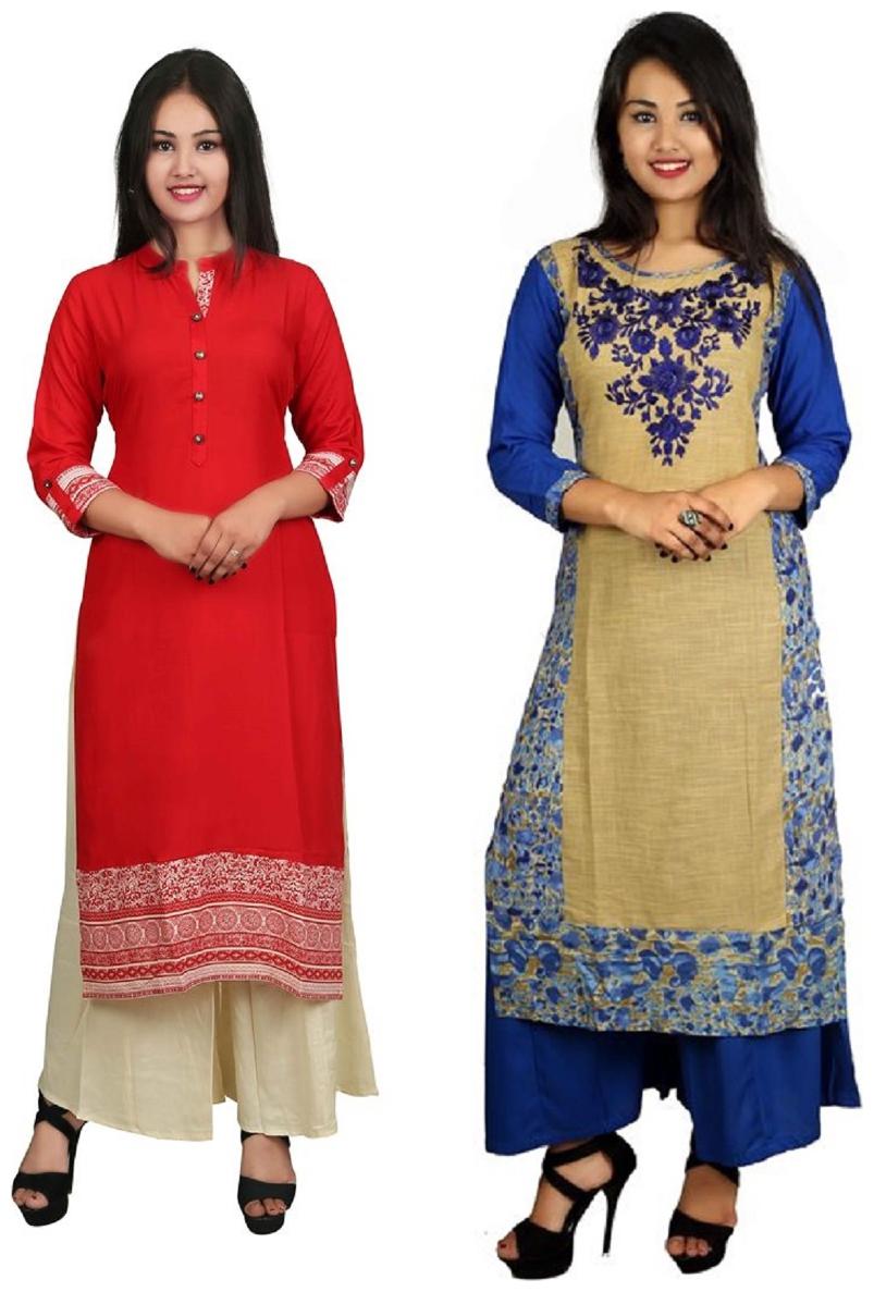 

This V Brown Women s Cotton Straight Designer 3 4 Sleeve Women s Kurti Combo Pack of 2