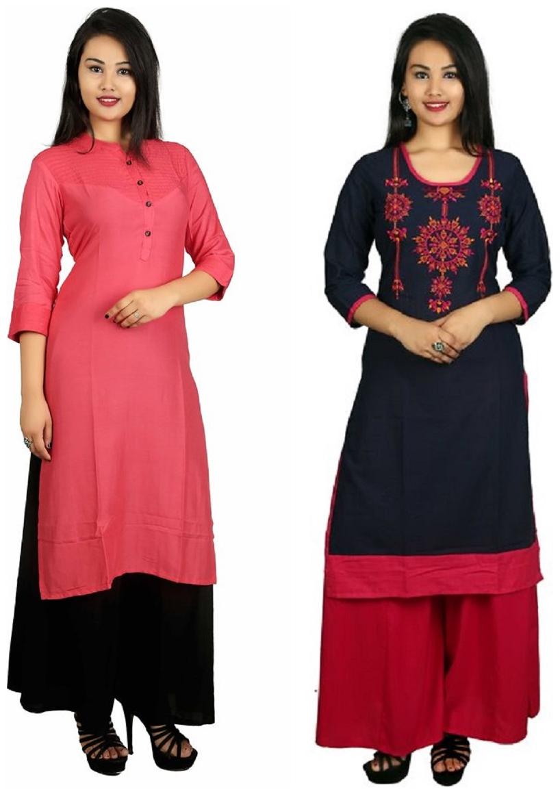 

This V Brown Women s Cotton Straight Designer 3 4 Sleeve Women s Kurti Combo Pack of 2