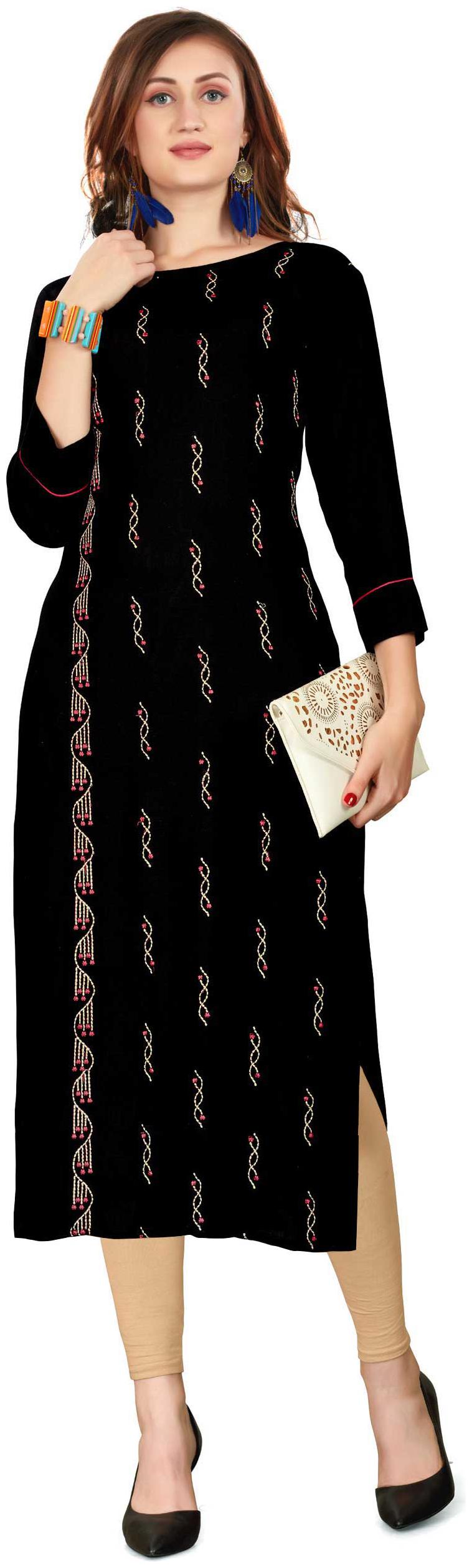 

TICKNMART Women Black Embroidered Straight Kurti