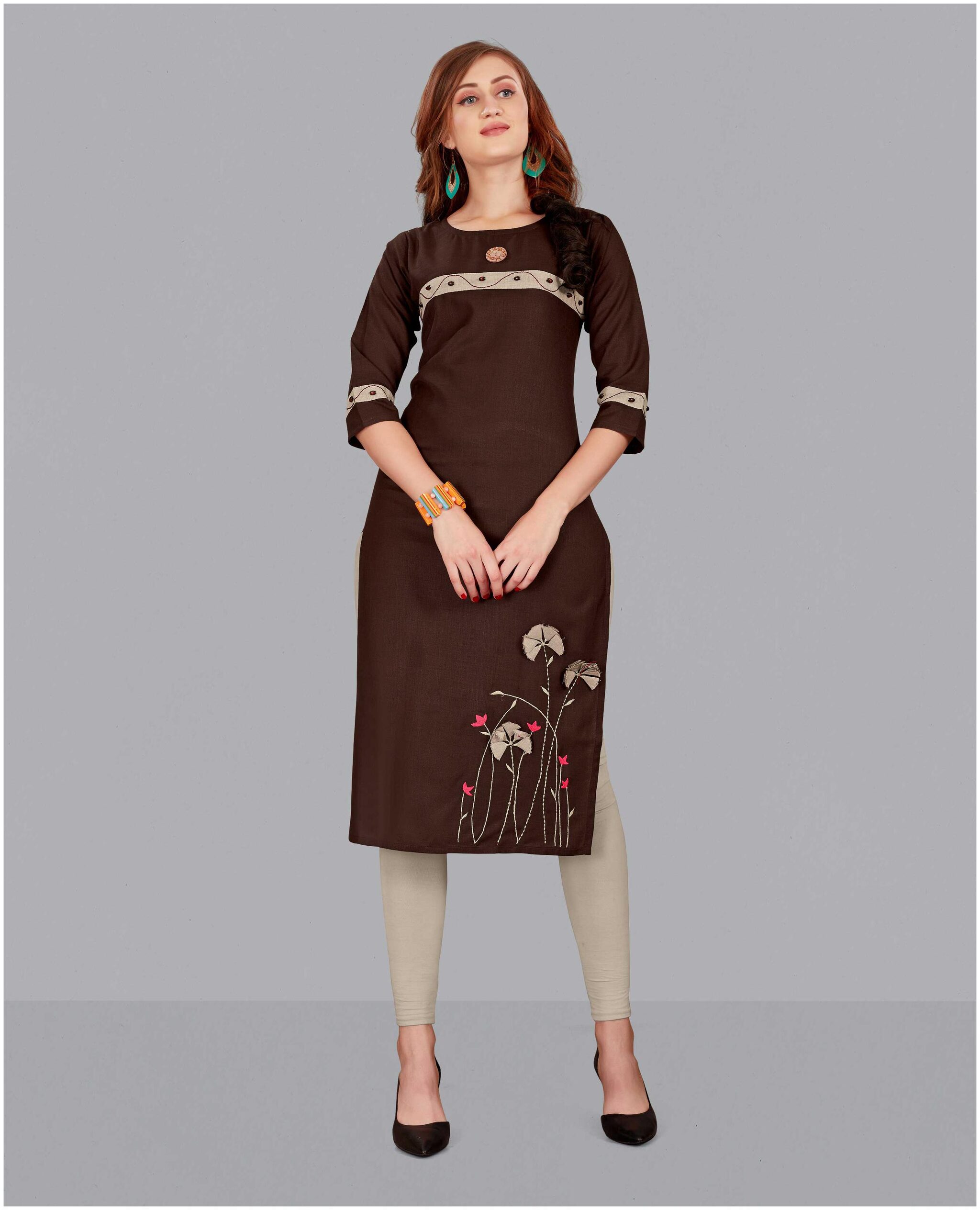 

TICKNMART Women Brown Solid Straight Kurti