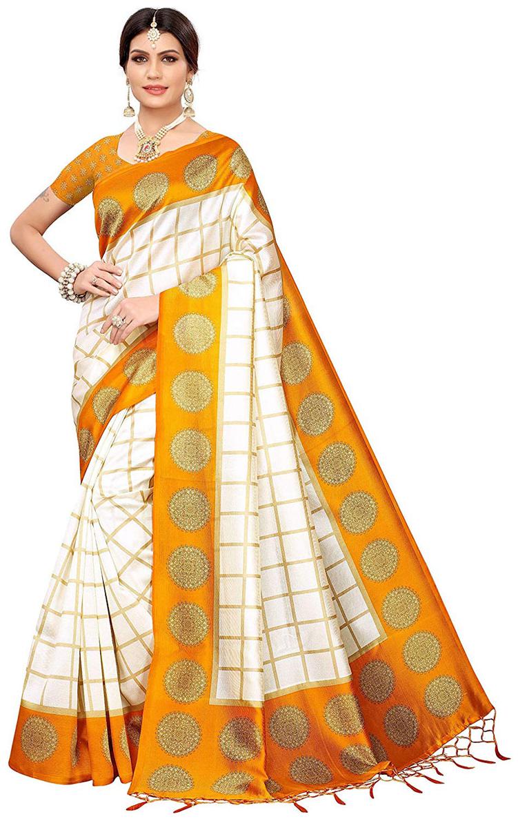 

TICKNMART Yellow Checkered Mysore Regular Saree With blouse