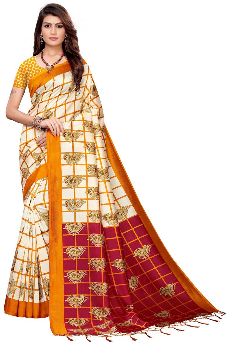 

TICKNMART Gold Checkered Mysore Regular Saree With Blouse With blouse