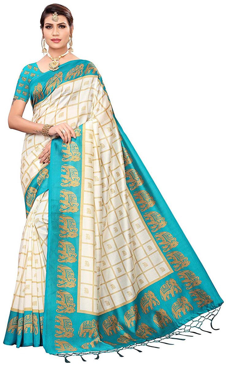 

TICKNMART Turquoise Checkered Mysore Regular Saree With Blouse With blouse