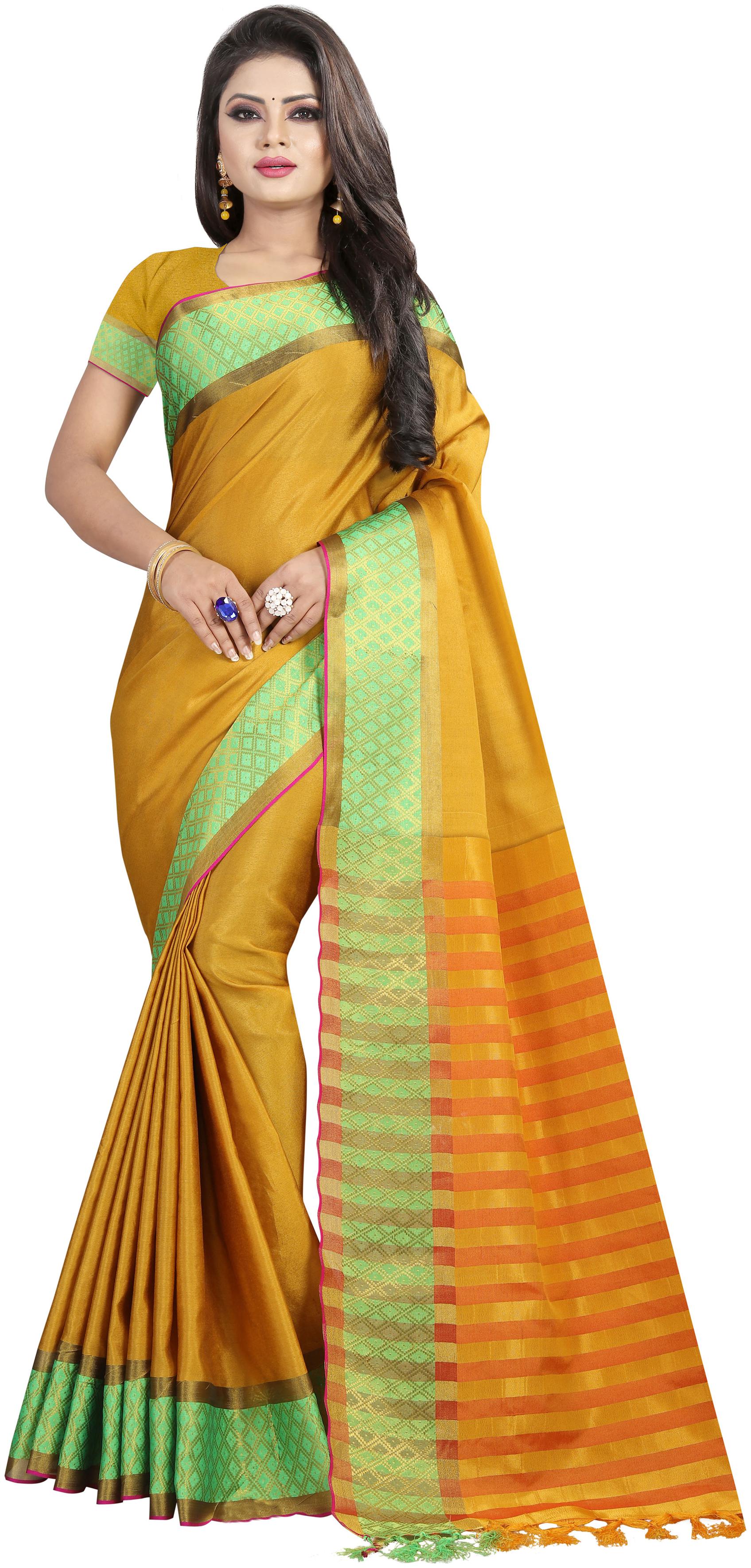 

Ticknmart Women New Arrival Latest gold Cotton Silk Striped Partywear Saree with Unstitch Blouse