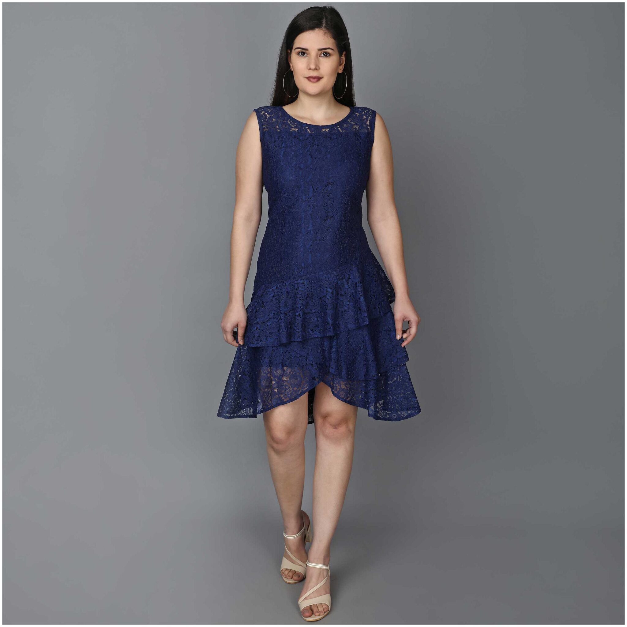 

Ticknmart Women s Net Ruffle Sleeve Knee Length Dress (Blue)