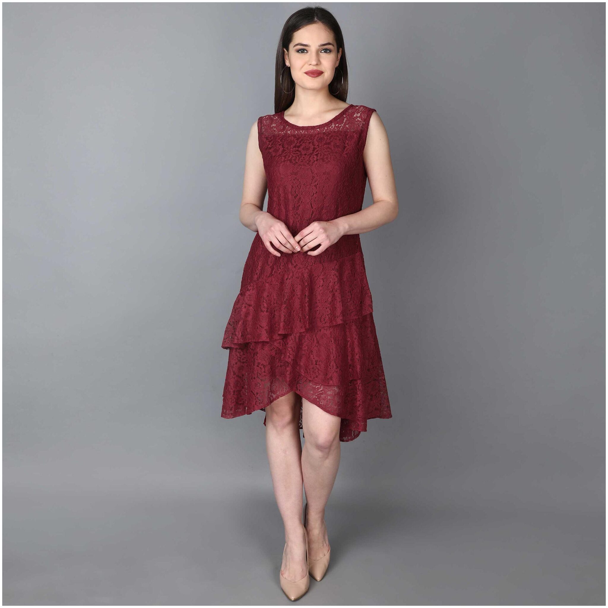 

Ticknmart Women s Net Ruffle Sleeve Knee Length Dress (Red)