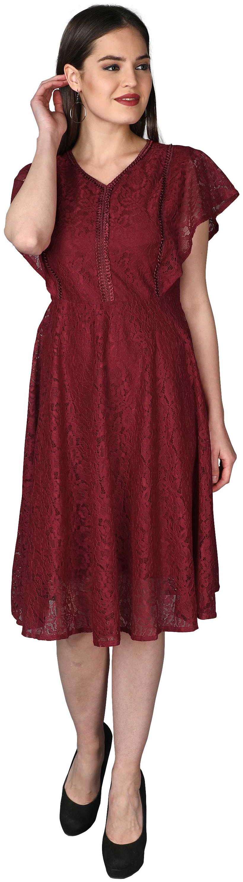 

TICKNMART Red Embroidered Fit flare dress