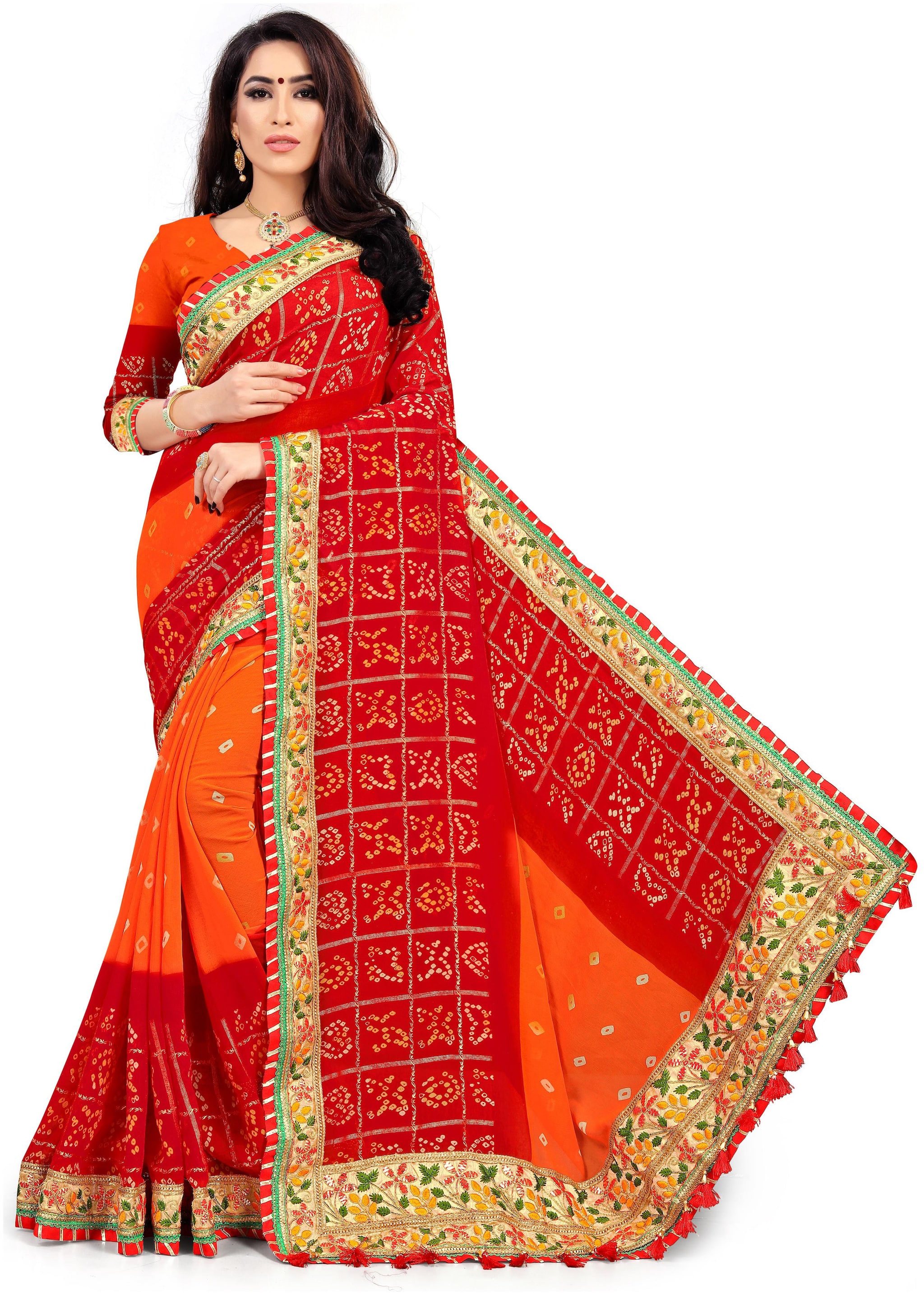 

Tina Fashion Embroidered Bandhej Marble Georgette saree with blouse