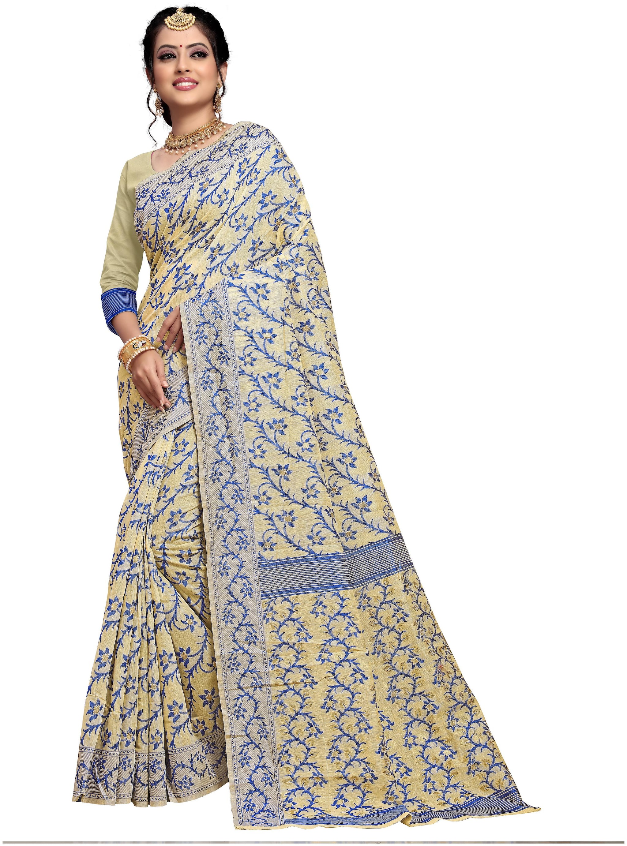 

Tina Fashion Self Design Jamdani Cotton Silk Saree with blouse