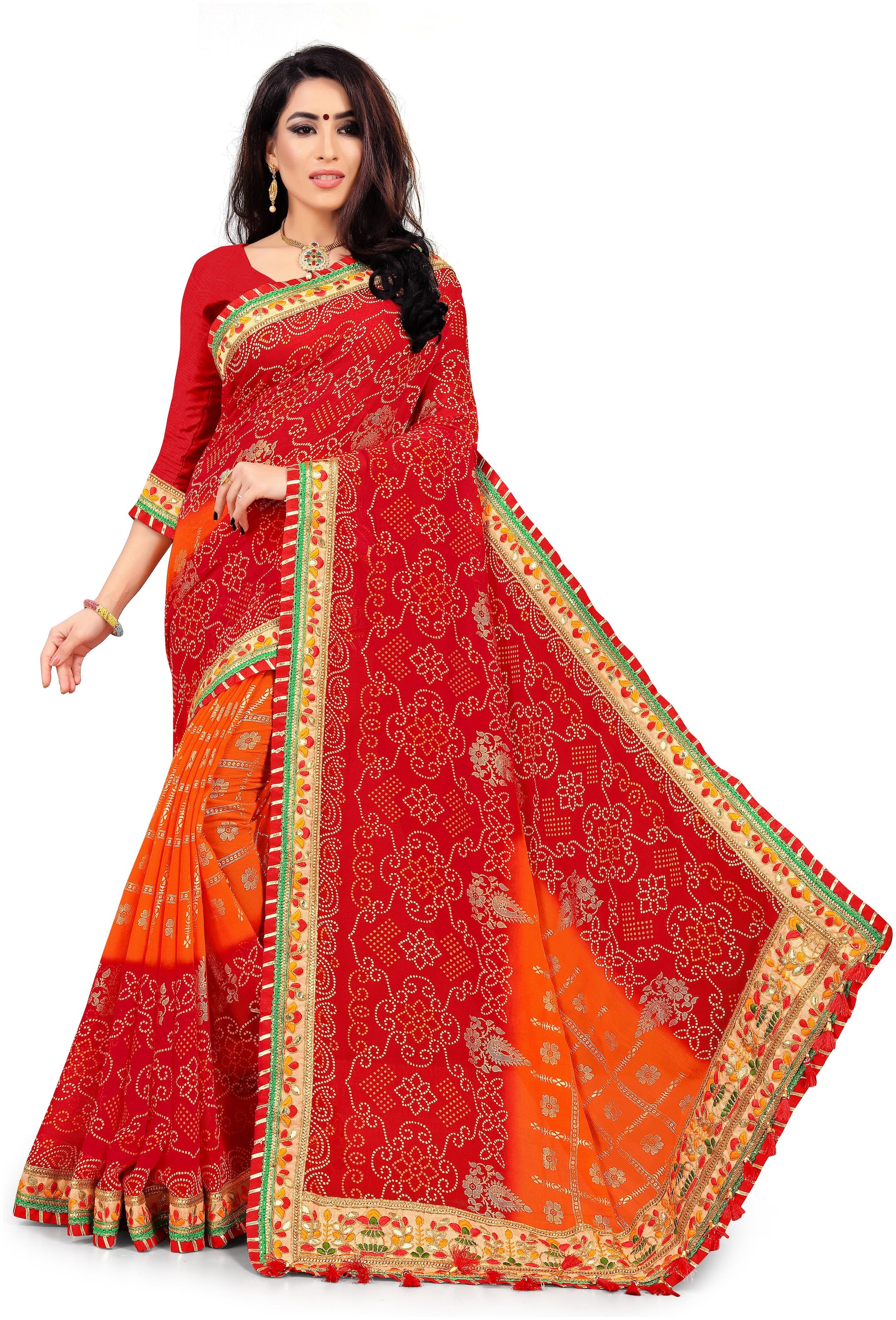 

Tina Fashion Embroidered Bandhej Marble Georgette saree with blouse