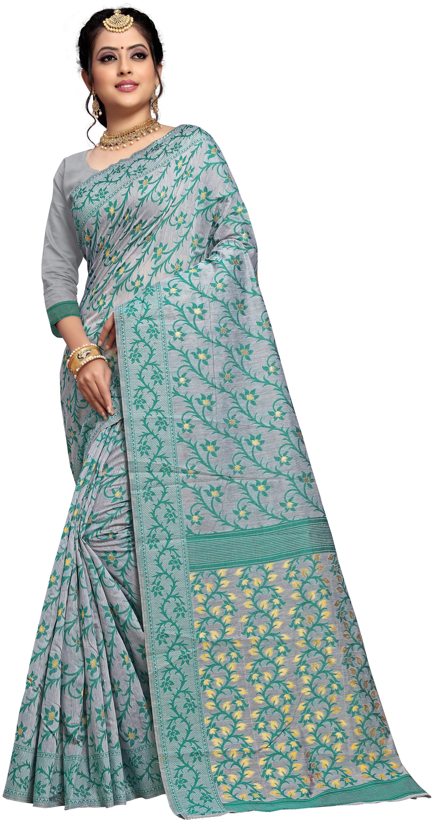

Tina Fashion Self Design Jamdani Cotton Silk Saree with blouse