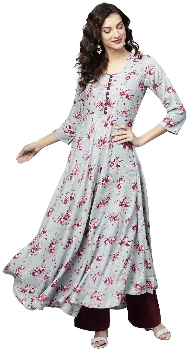 

Tissu Women Grey Floral Fit and Flare Kurta