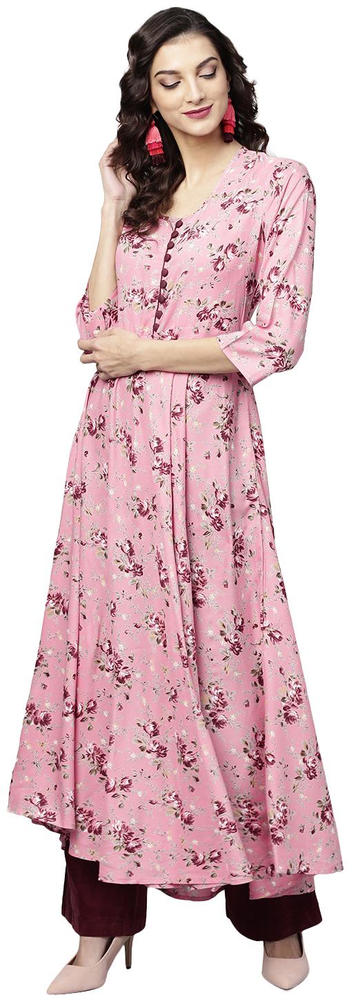 

Tissu Pink Maroon Floral Printed A-Line Kurta