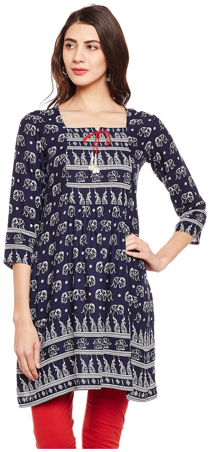 

Tissu Viscose Rayon Elephant Printed Indigo Flared Kurti with Handwork