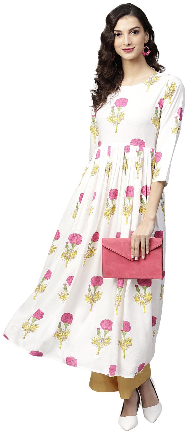 

Tissu White Pink Floral Printed A-Line Kurta
