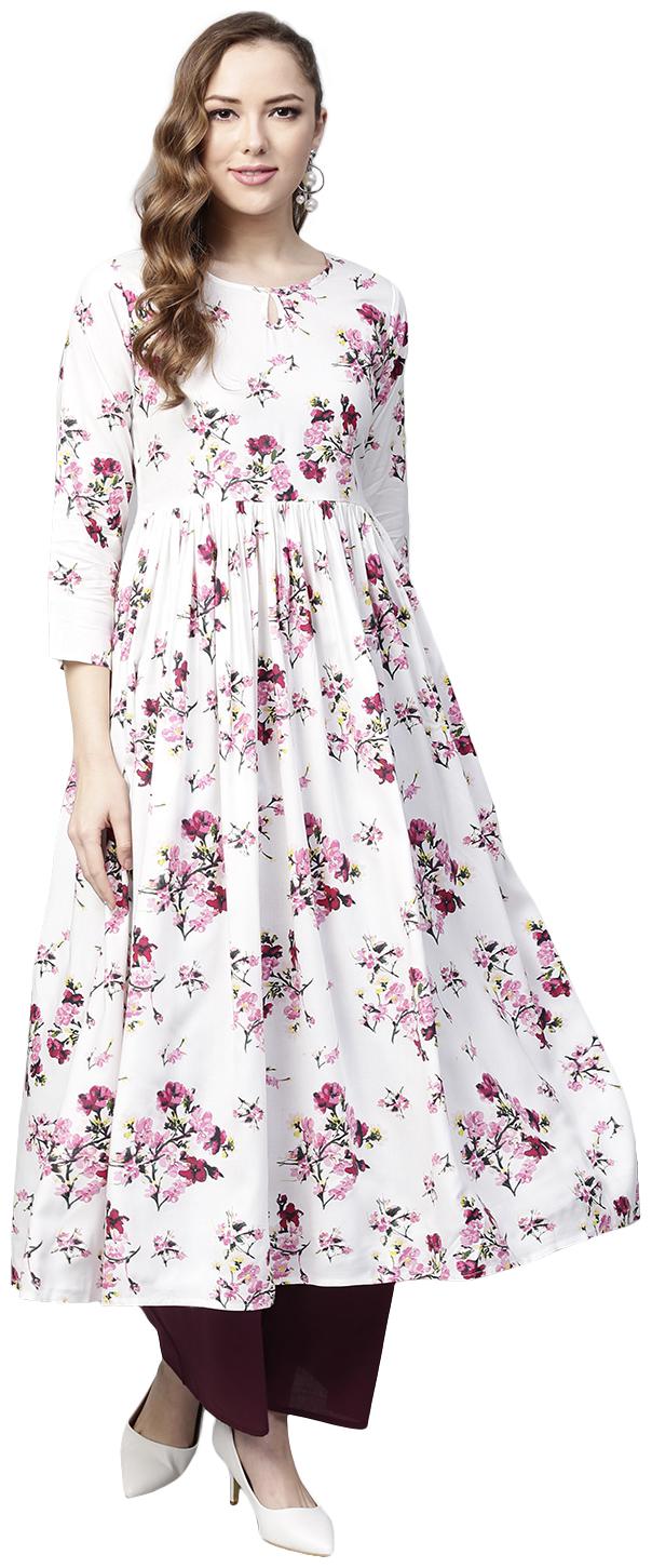

Tissu White Pink Floral Printed A-Line Kurta
