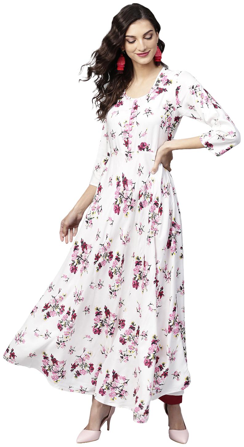 

Tissu Women White Floral Fit and Flare Kurta