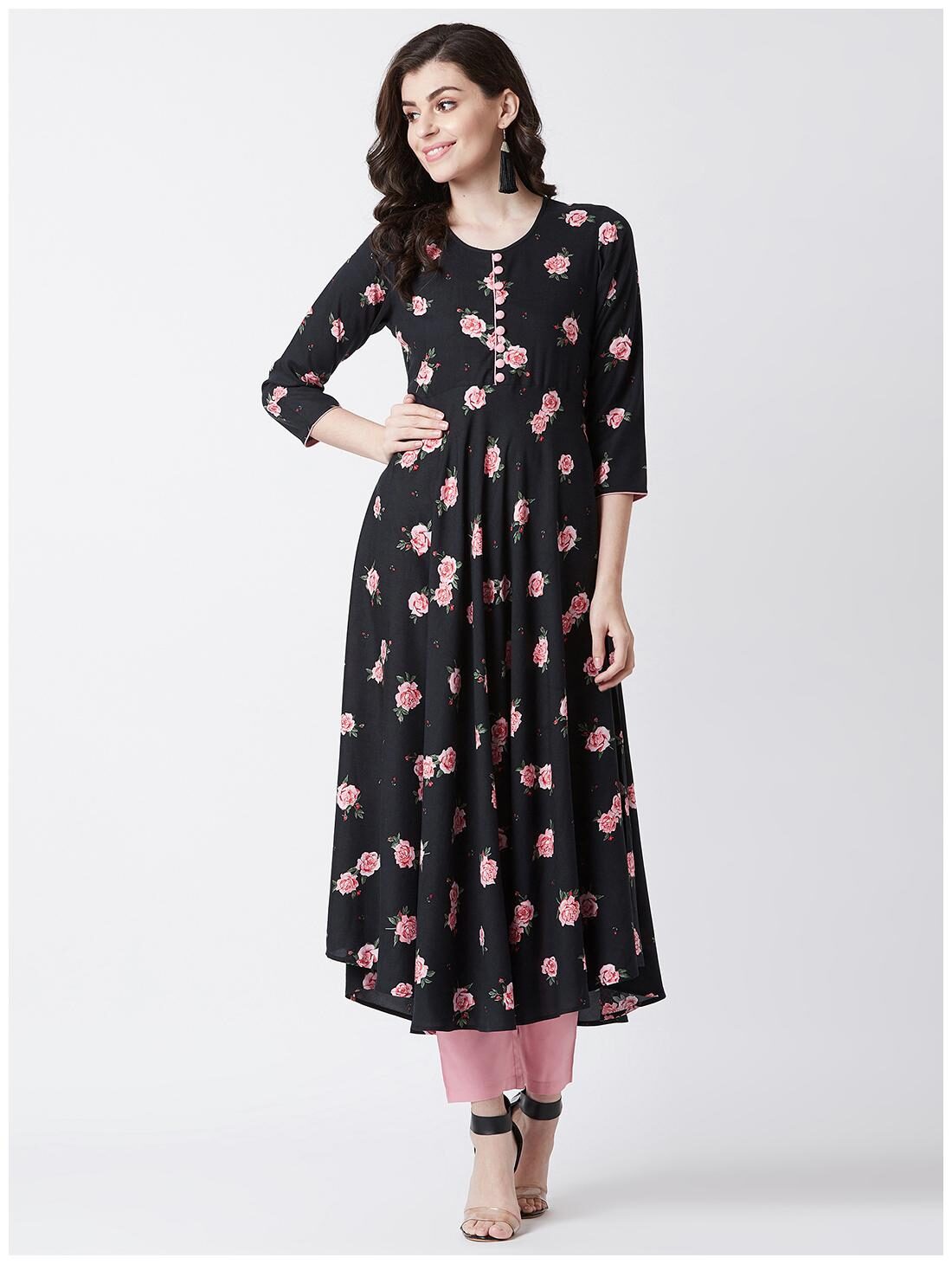 

Tissu Women s Black Pink Rose Printed Flared Kurta