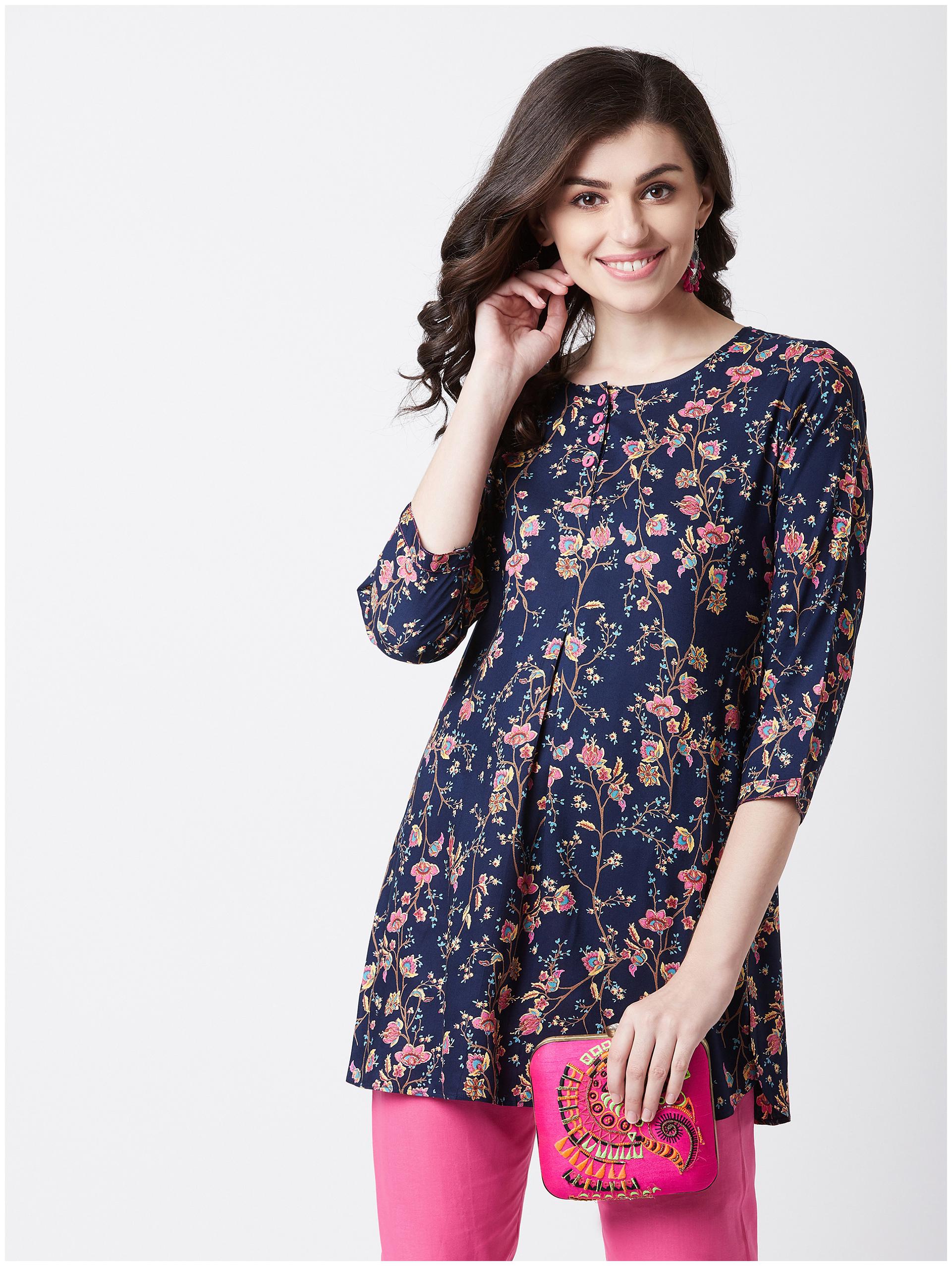 

Tissu Women Navy Blue Floral Straight Kurti