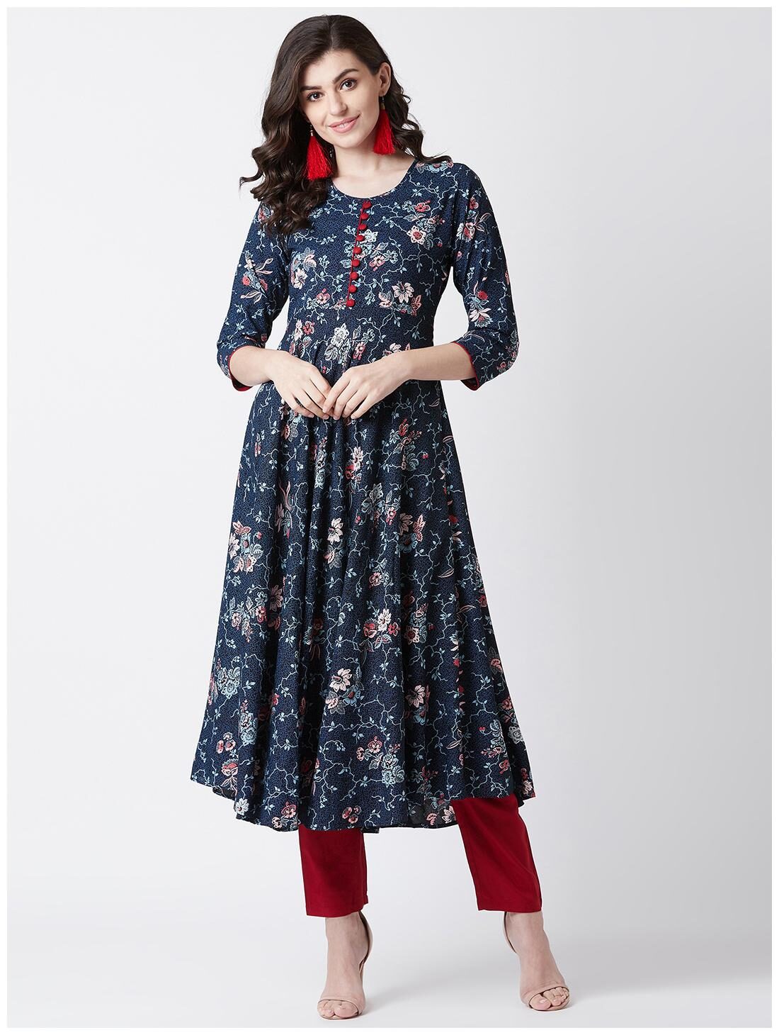 

Tissu Women s Navy Blue Multi Floral Printed Kurta