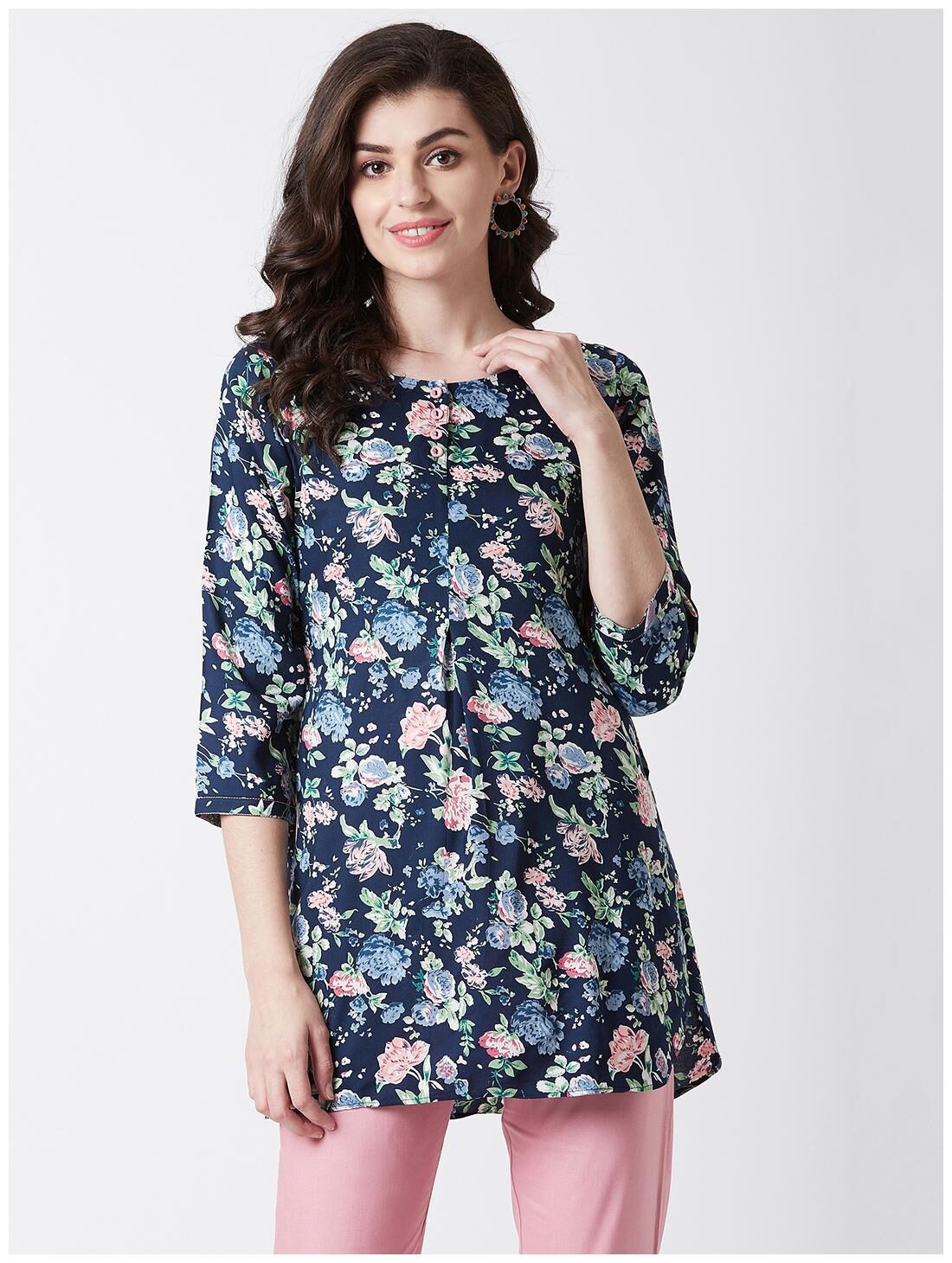 

Tissu Women Navy Blue Green Floral Straight Kurti