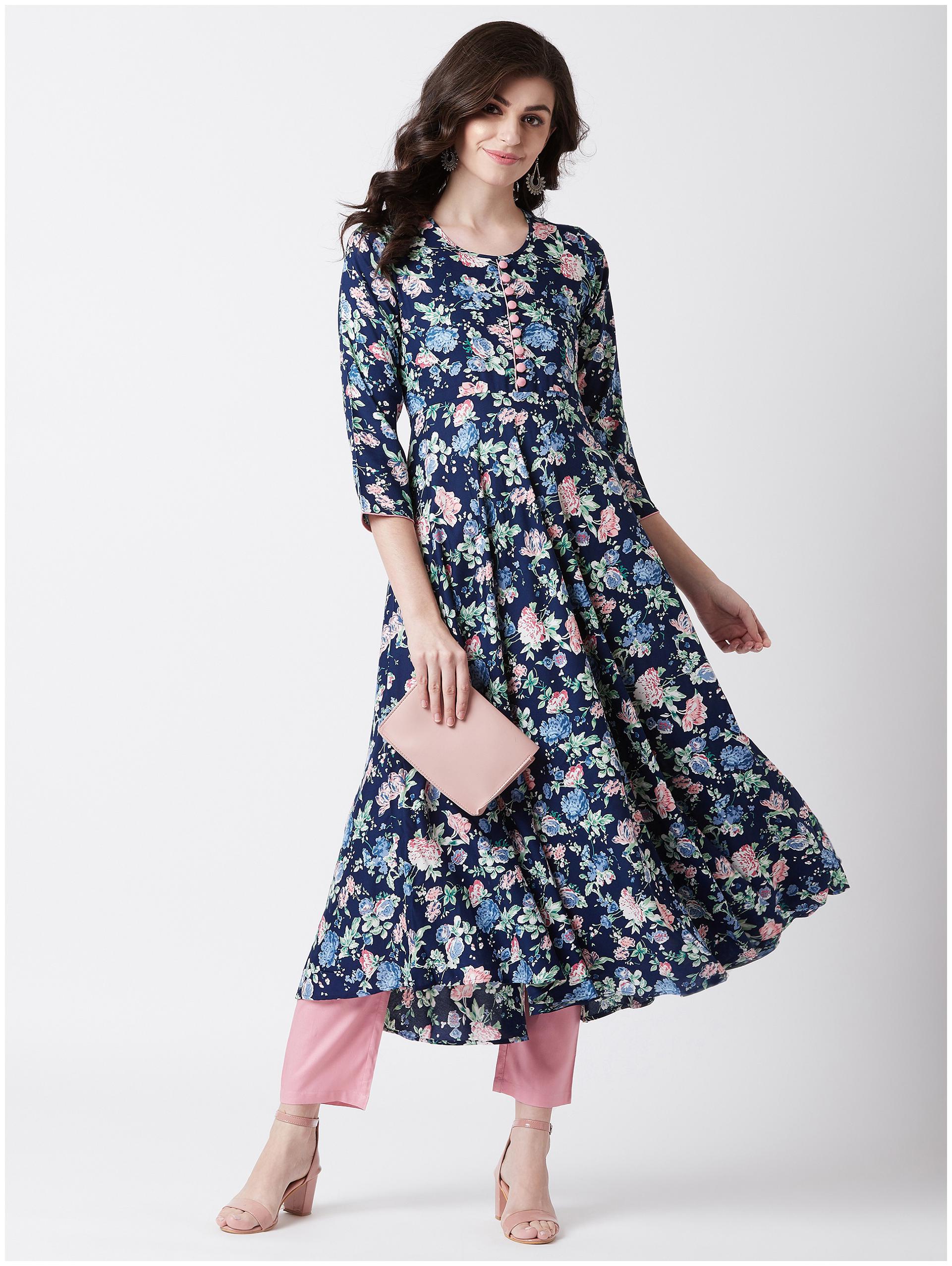 

Tissu Women s Navy Blue Green Floral Printed Kurta
