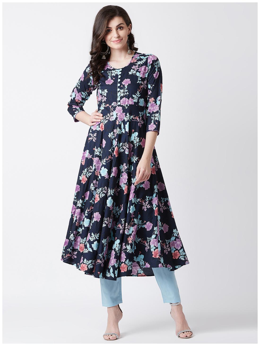 

Tissu Women s Navy Blue Purple Floral Printed Kurta