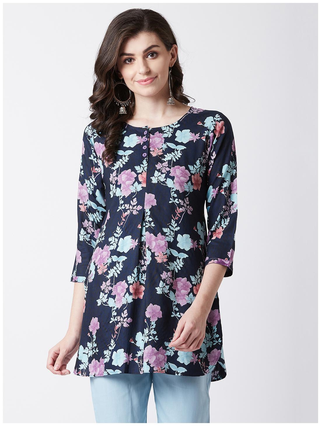 

Tissu Women Navy Blue Floral Straight Kurti