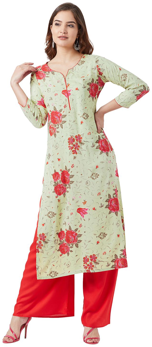 

Tissu Women Green Floral Straight Kurta With Palazzo