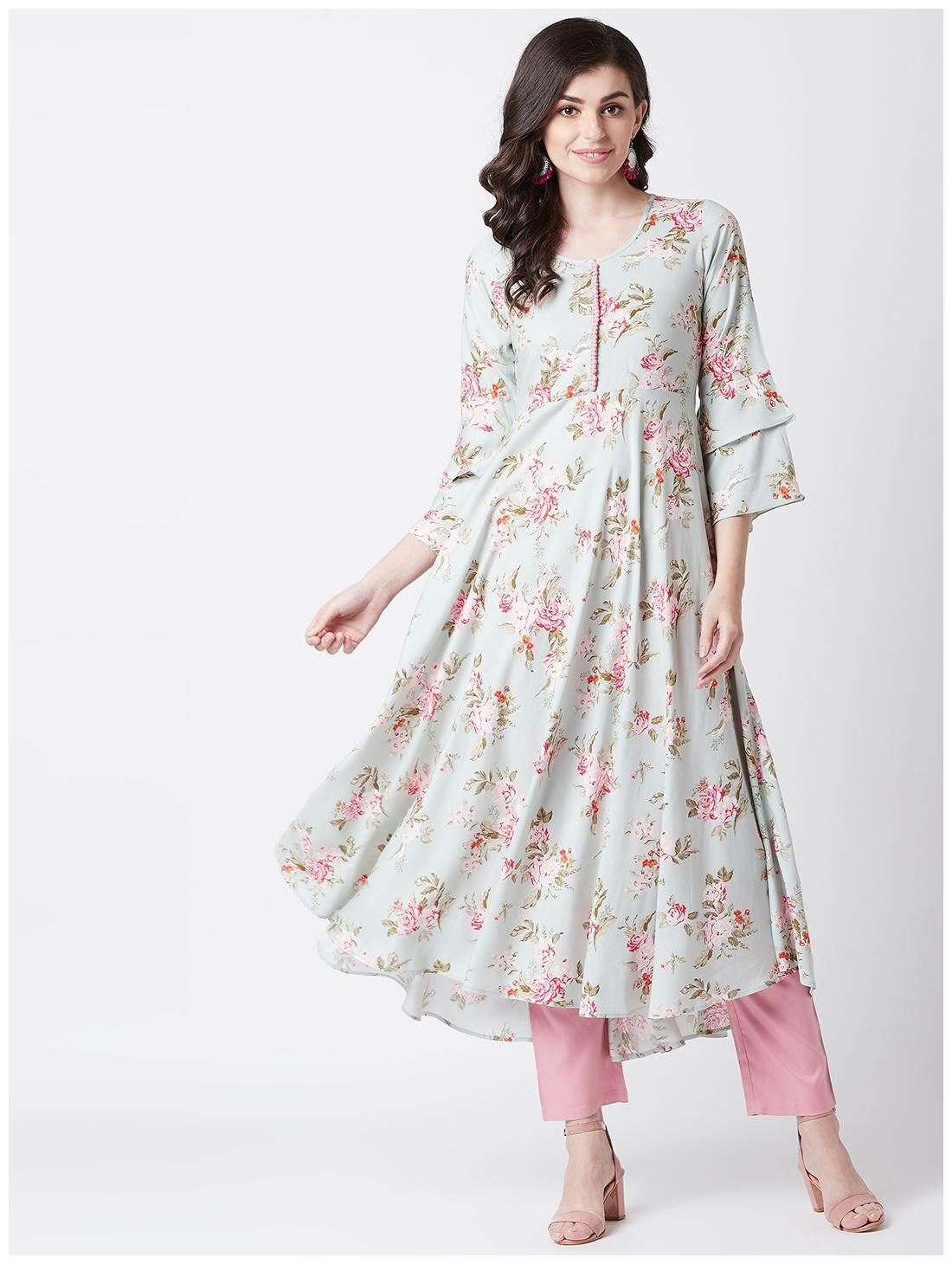 

Tissu Women s Sage Green Pink Floral Printed Kurta with Pom Pom