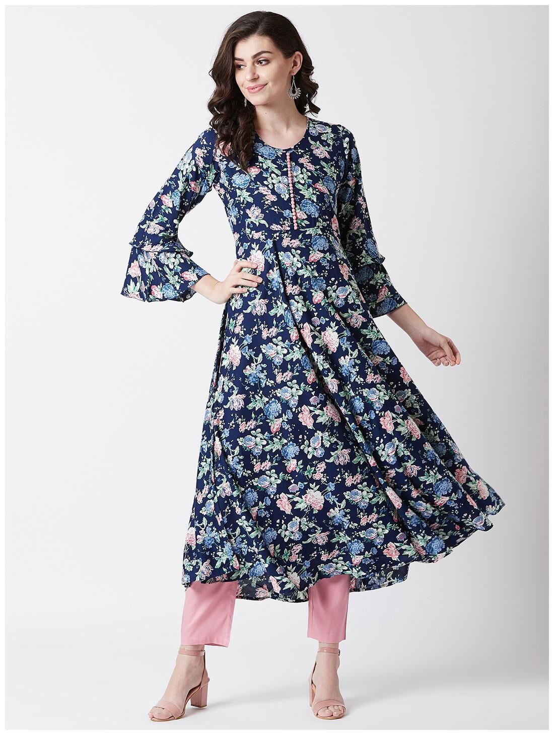 

Tissu Women s Navy Blue Green Floral Printed Flared Kurta